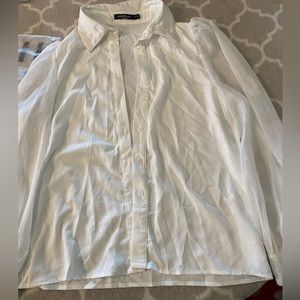 SHEIN MODELY WHITE/SILVER TRANSPARENT LONG SLEEVE MEDIUM BUTTON DOWN